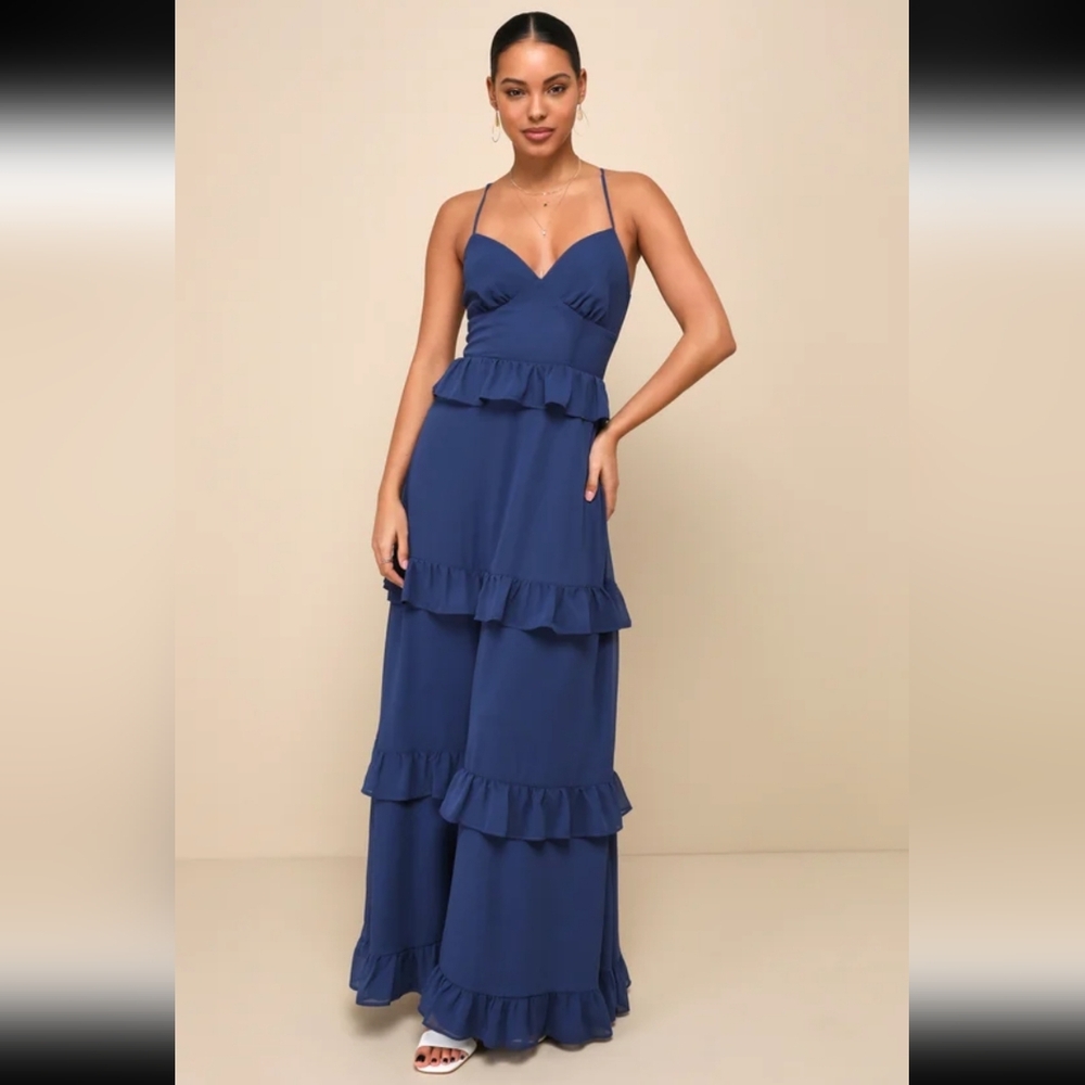 Lulus Captivating Class Blue Ruffled Tiered Lace-Up Maxi Dress XS